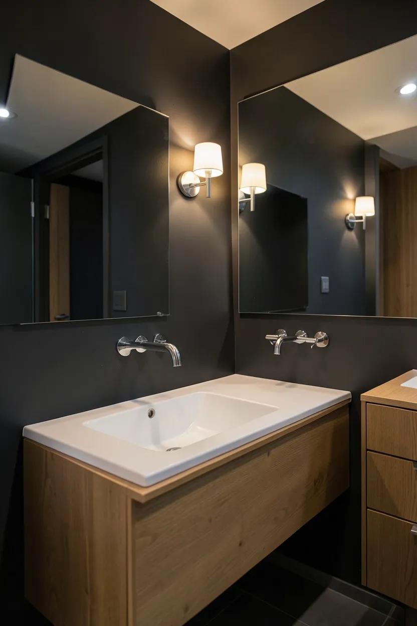 Dramatic rental bathroom with charcoal accent wall, warm wood floating vanity, and layered lighting — modern apartment color scheme