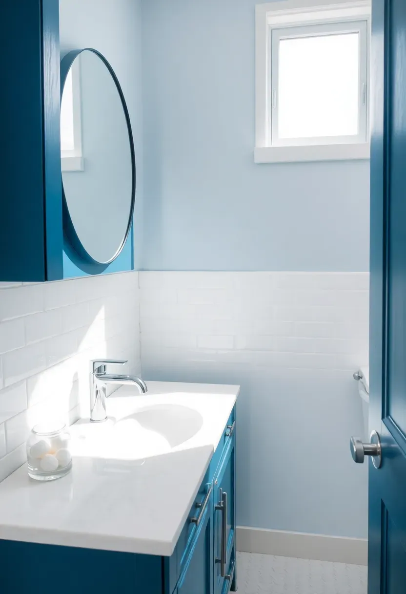Small bathroom with ocean blue painted vanity cabinet, white subway tile backsplash, and chrome faucet