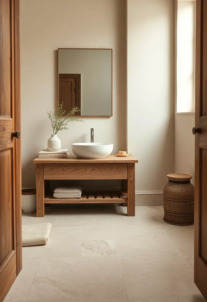 Tumbled limestone bathroom floor in soft beige with rustic wood vanity and natural light