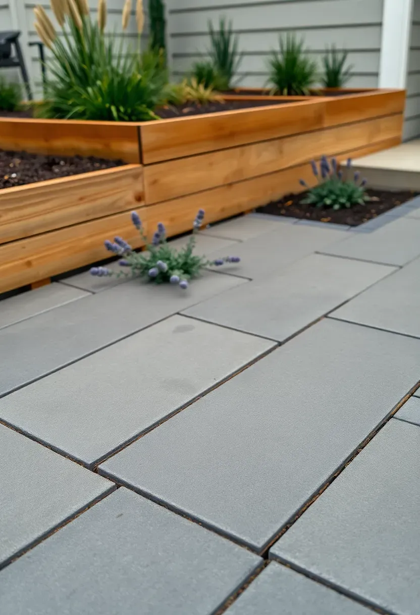 Square stack bond paver patio with large gray concrete pavers arranged in a tight grid pattern beside a garden bed