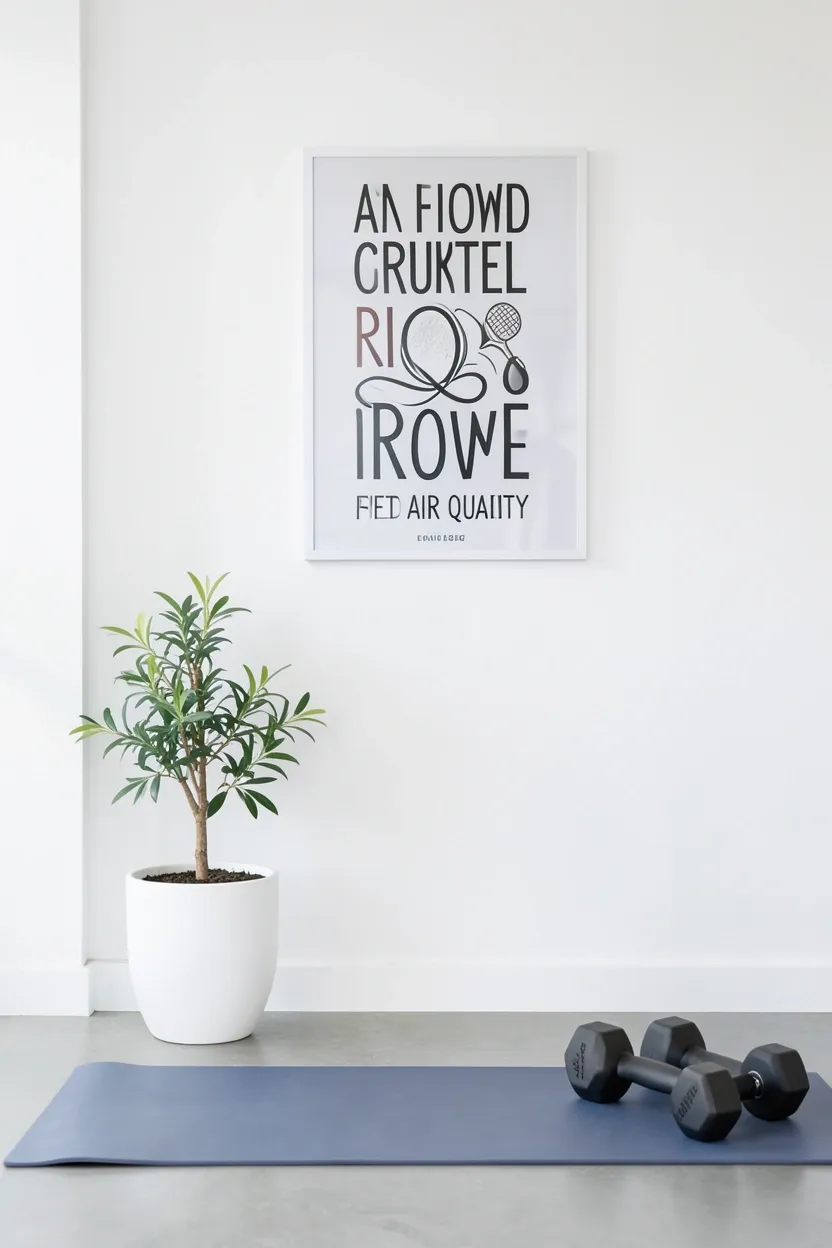 Minimalist gym room with one small potted plant and a single motivational poster as the only decor — intentional limited accessories in a clean workout space