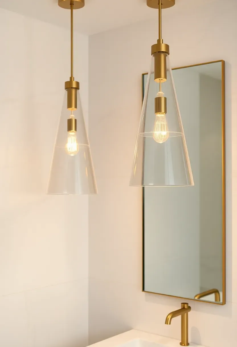 Two clear glass cone pendant lights hanging at different heights beside a tall bathroom mirror with brass fixtures