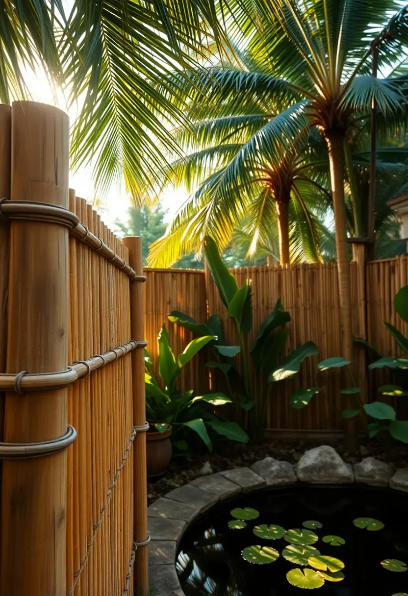 Natural bamboo roll fencing attached to a wood post frame around a tropical backyard with palm trees and a small pond