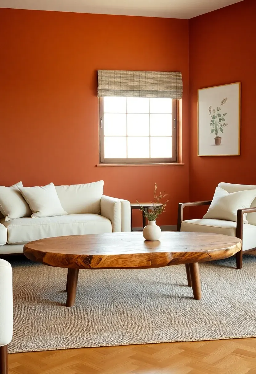 Round acacia wood coffee table as organic focal point in a boho minimalist small living room