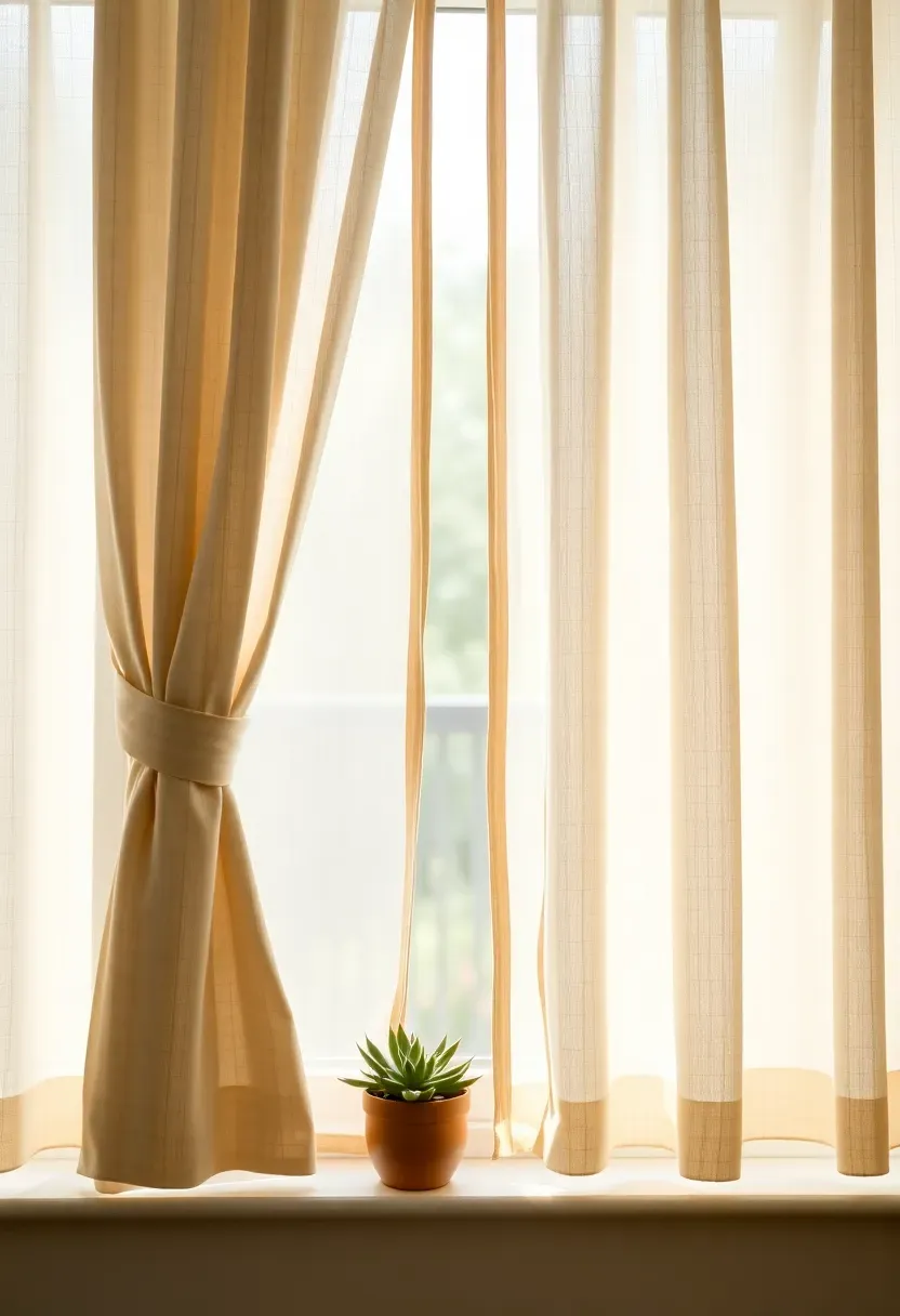 Sunroom windows with sheer ivory linen curtains hung from a slim tension rod between the window frame, soft diffused daylight filtering through the fabric, a small succulent on the windowsill