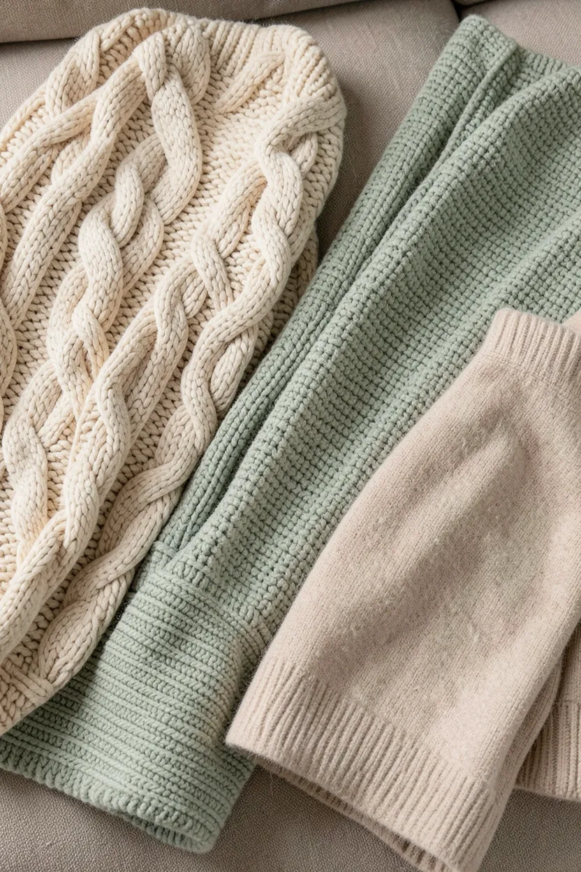 Chunky knit and cable knit throw blankets in neutral tones draped over a farmhouse sofa arm