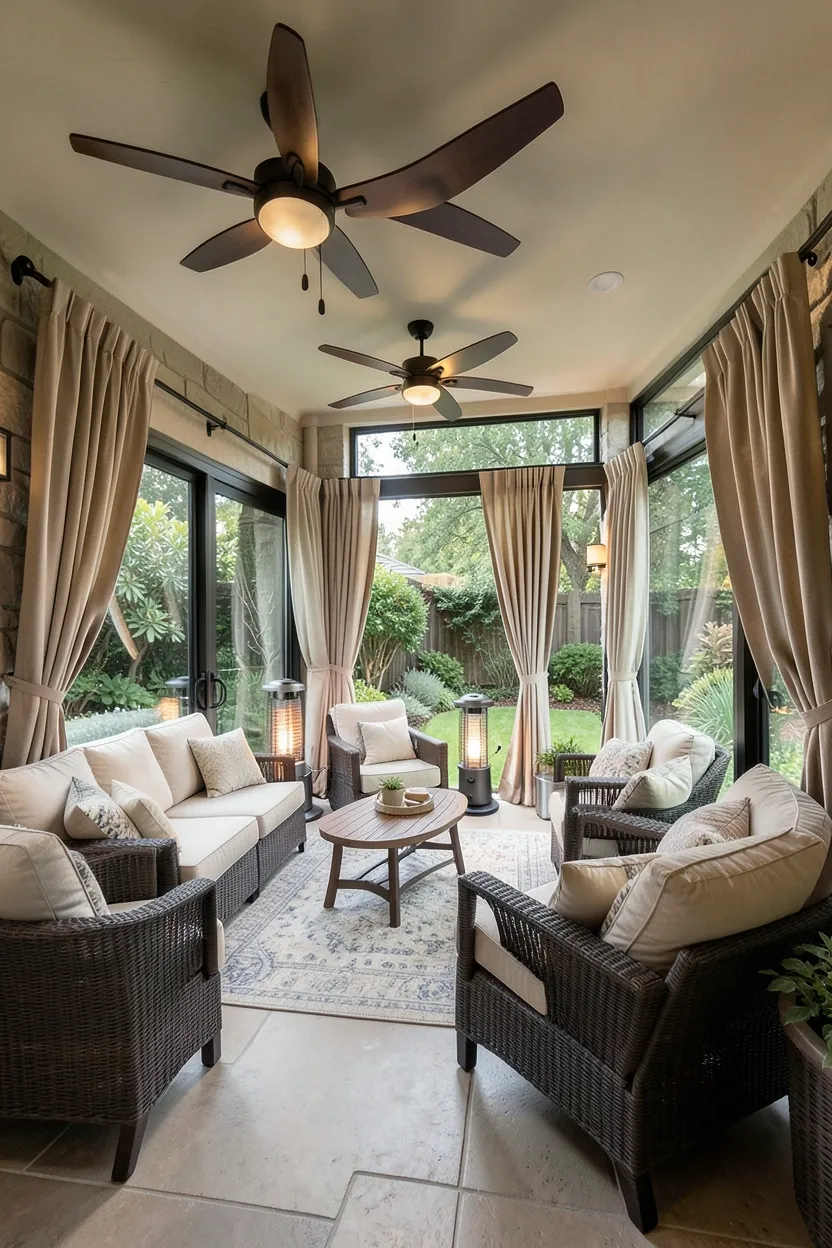 Enclosed Patio with Ceiling Fans and Portable Heaters