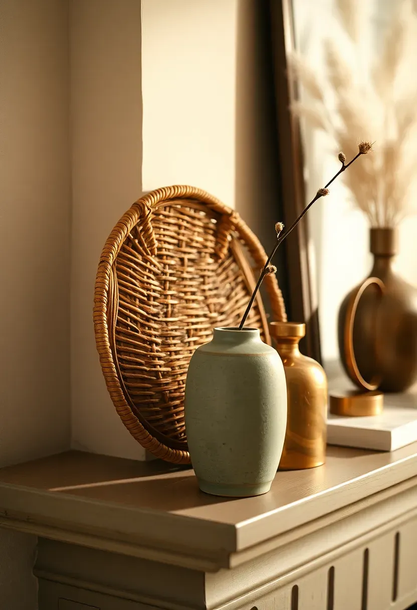 Styled fireplace mantle detail showing a woven rattan basket, matte ceramic vase, and brass sculptural object grouped together with intentional negative space