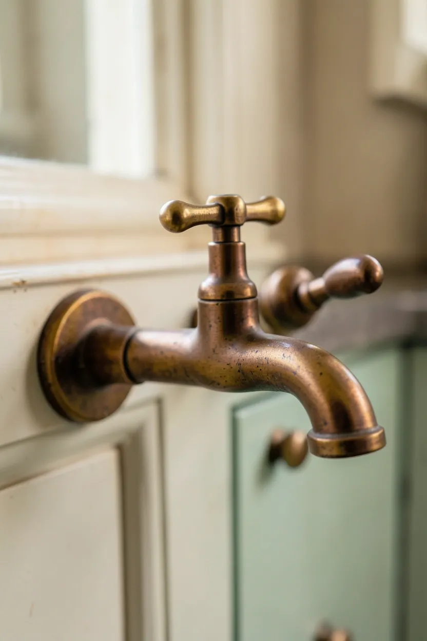 Unlacquered brass gooseneck kitchen faucet with vintage silhouette over a farmhouse sink — warm patina retro kitchen fixture