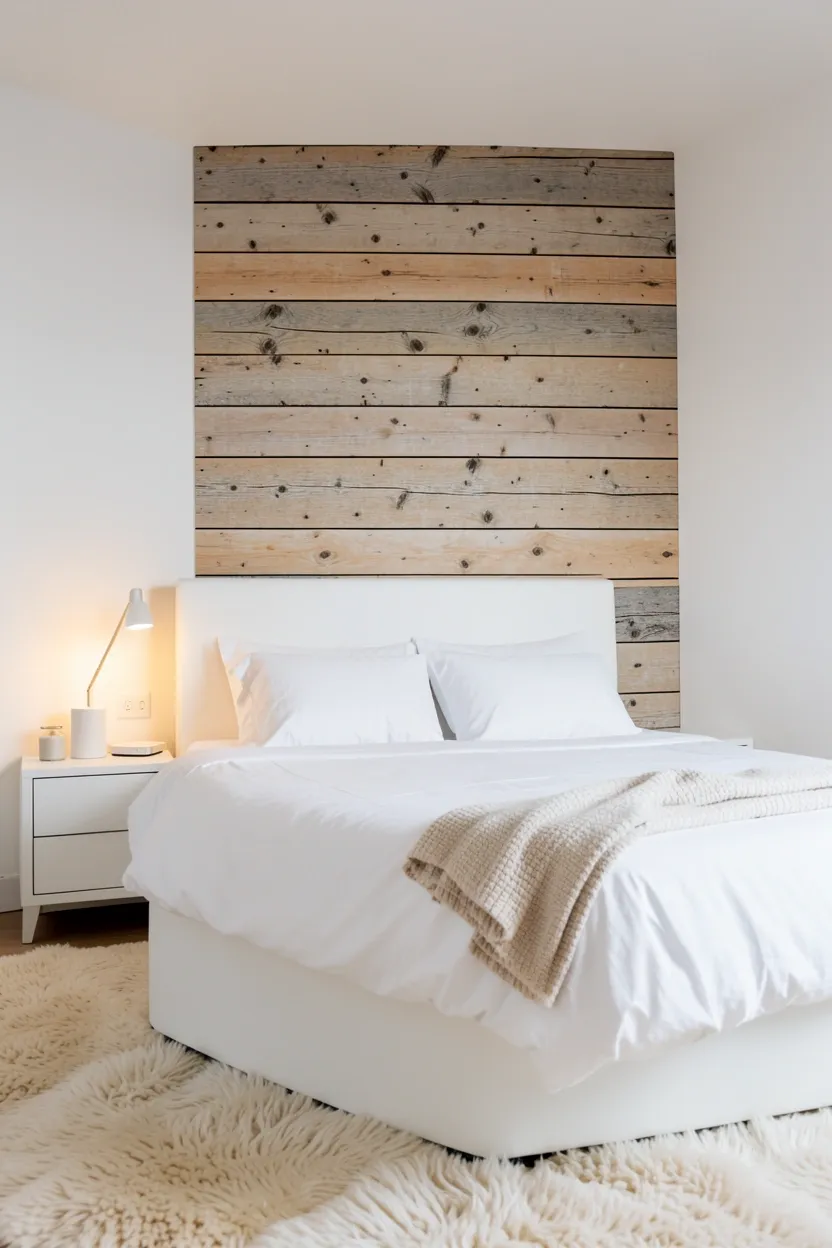Weathered reclaimed wood plank accent wall behind a neutral linen bed in a Scandinavian rustic bedroom, warm honey tones on white walls