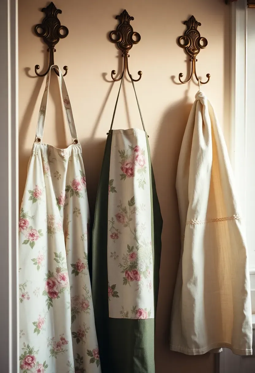 Floral vintage aprons and embroidered linen tea towels hung from ornate brass wall hooks beside a cottage kitchen window, adding soft color and texture