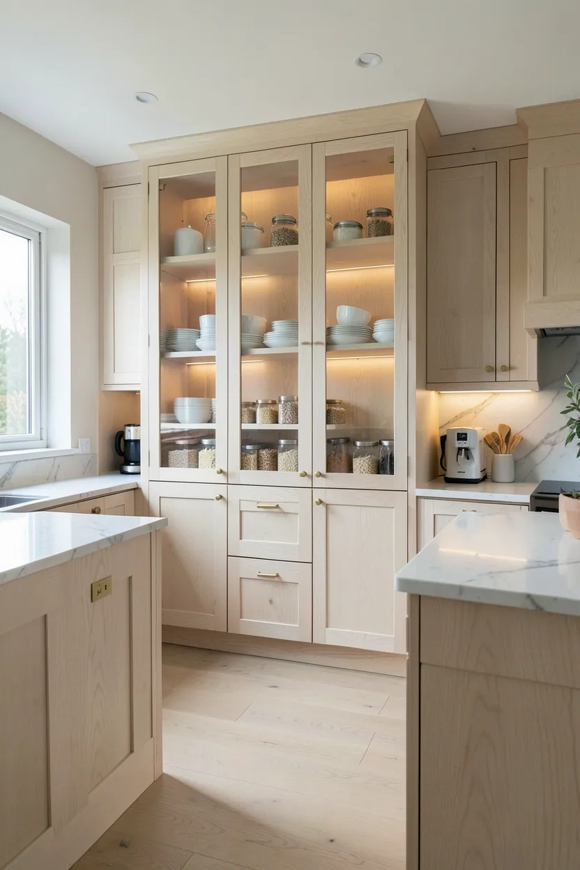 Hyper-realistic wide shot of a modern kitchen with built-in white oak pantry. Floor-to-ceiling pantry cabinet with white oak frame and clear glass doors. Behind glass, neatly arranged white ceramic dishes, pantry staples in containers, and small appliances are visible. White oak grain visible throughout. Main kitchen features same white oak cabinets with waterfall edge island. White marble countertop. Brass hardware throughout. Warm ambient lighting from pantry interior. Neutral walls. Natural light from windows. Clean organized surfaces. No text, no logos, no watermarks.</p>