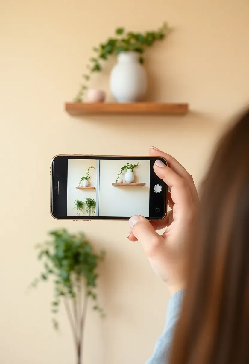 Person holding a phone, photographing a styled floating shelf from standing distance — shelf on cream wall, the phone screen visible showing the captured image of the display
