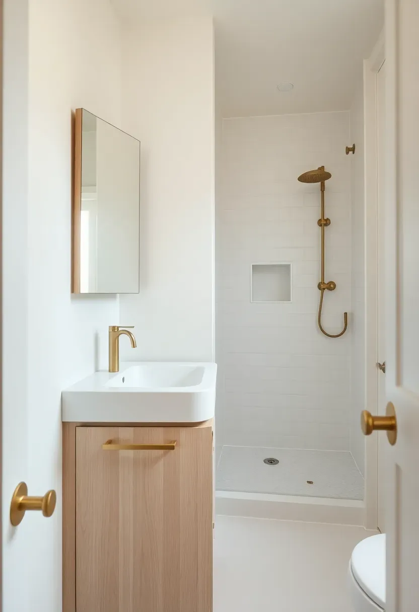 Hyper-realistic 3/4 view of a tiny house bathroom with recessed medicine cabinet, built-in niches in shower, vanity with drawers. Materials: white oak vanity, white ceramic tile, matte white walls, brushed brass fixtures. Warm diffused window light, creamy neutrals with warm brass accents. Mood: compact, organized, clean. Shallow depth of field, sharp details, balanced composition, soft shadows, visible room context. No text, no logos, no watermarks.</p>