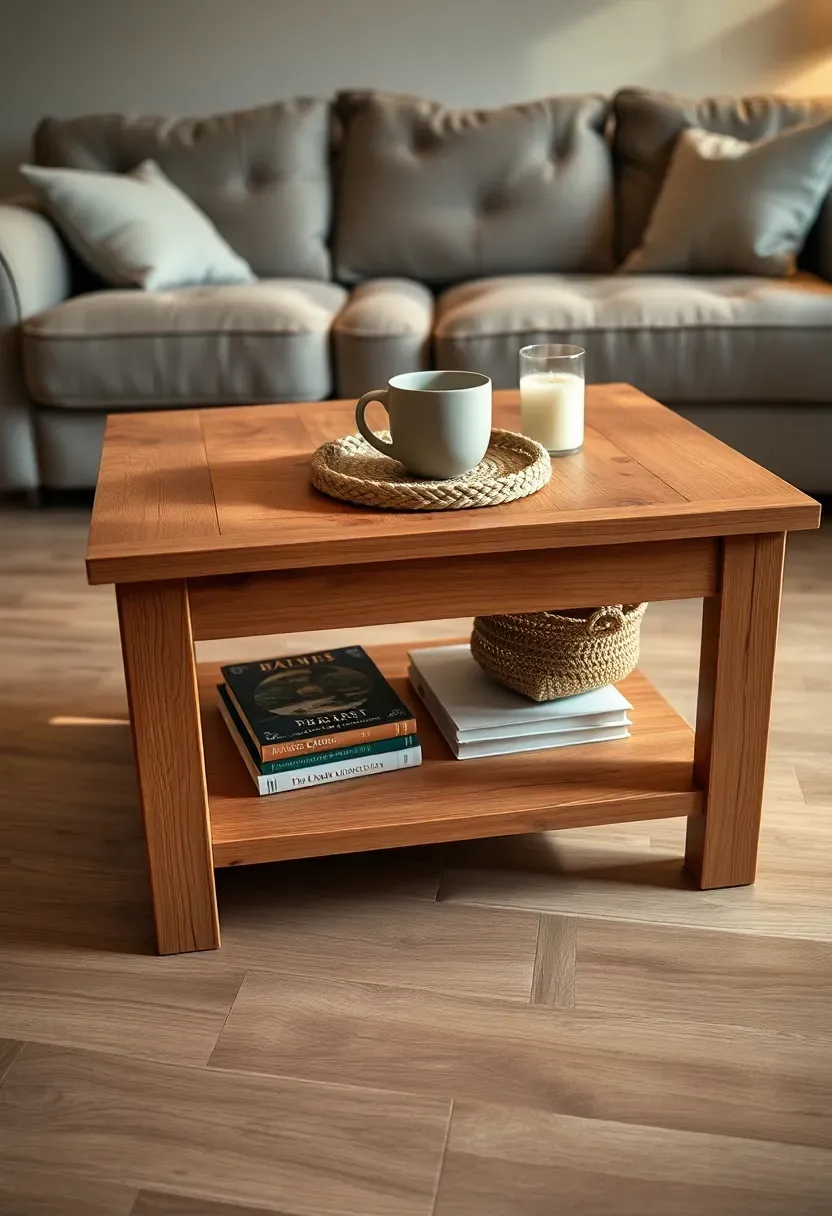 Farmhouse-style wooden coffee table with lower shelf holding books in a basement living space