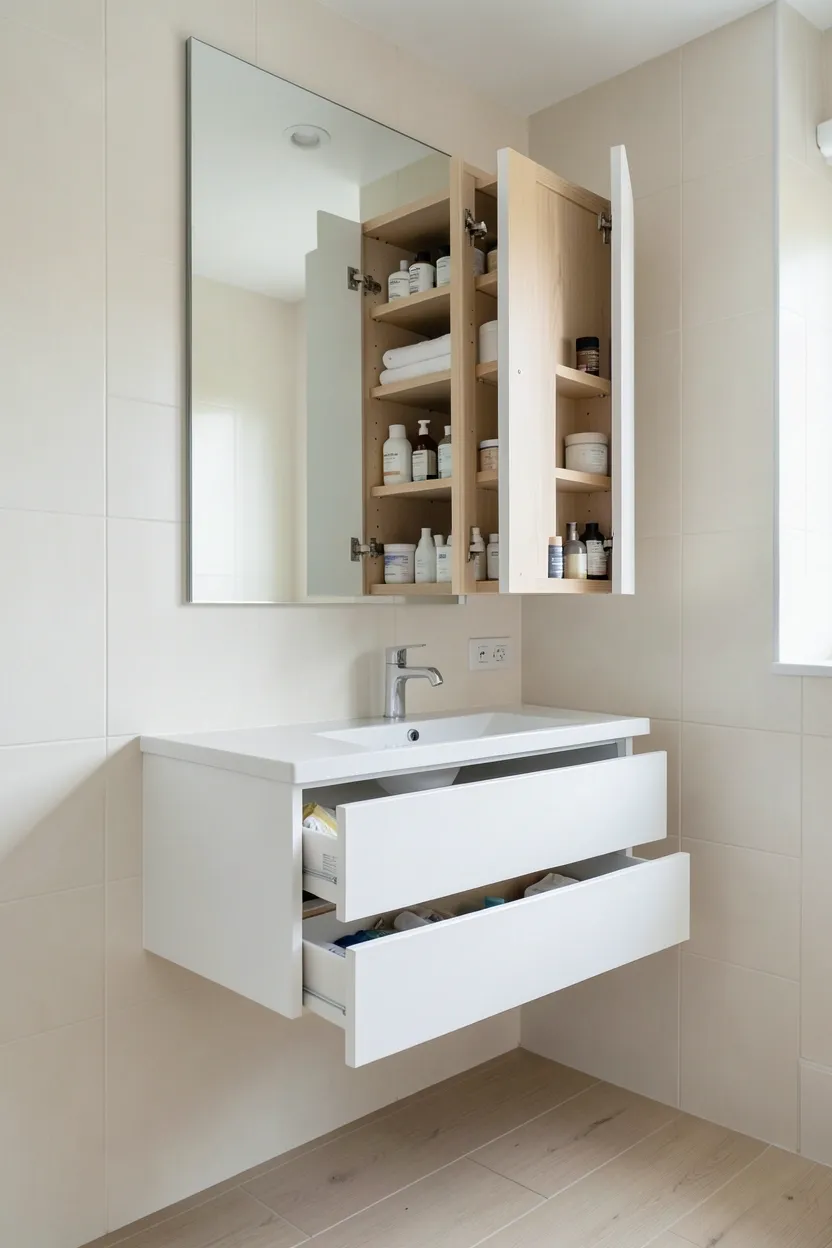 Hyper-realistic eye-level photograph of hidden storage in zen bathroom. Clean minimalist bathroom with no visible clutter. Large wall-mounted mirror that reveals hidden medicine cabinet when opened (cabinet shown slightly ajar). Cabinet interior shows organized shelves with neatly arranged toiletries. Below mirror, floating white vanity with closed drawers hiding contents. Walls in pale cream tiles. Floor in light wood planks. No visible products or mess. Soft natural daylight. Materials: white ceramic, oak wood, hidden cabinetry. Organized minimalist mood. Focus on hidden storage concept. No text, no logos, no watermarks.</p>