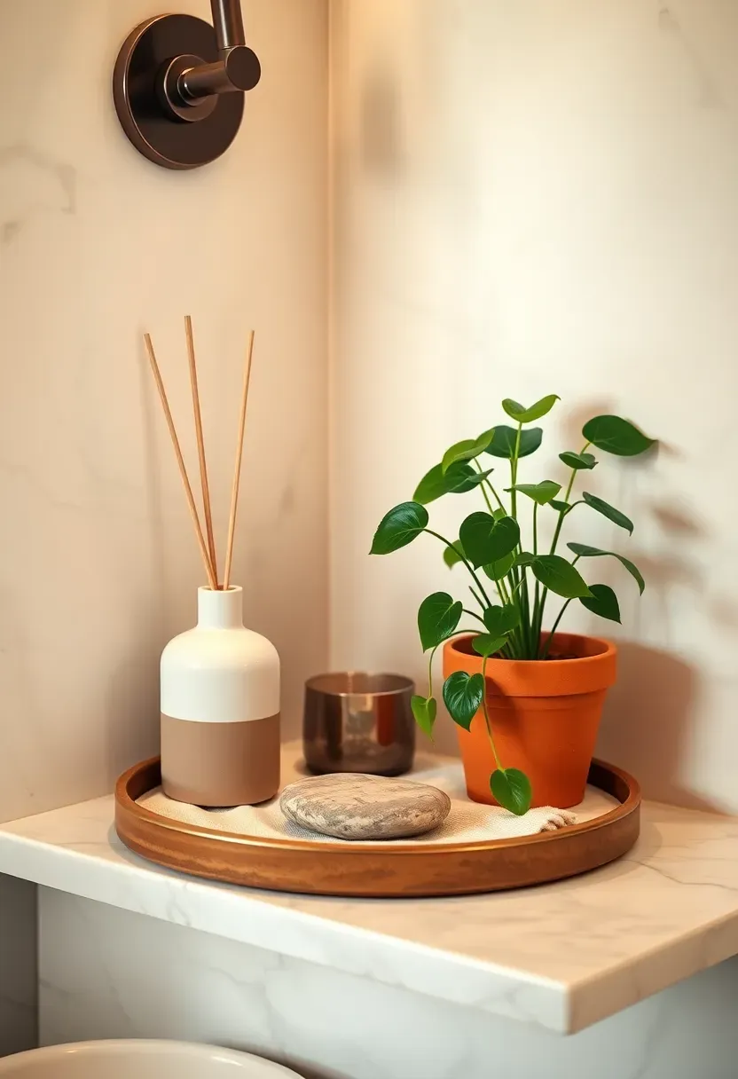 Styled bathroom shelf with trailing pothos plant in terracotta pot, matte ceramic soap dish, unlacquered brass reed diffuser, and small stone sculptural object — quiet luxury bathroom accessories for 2026