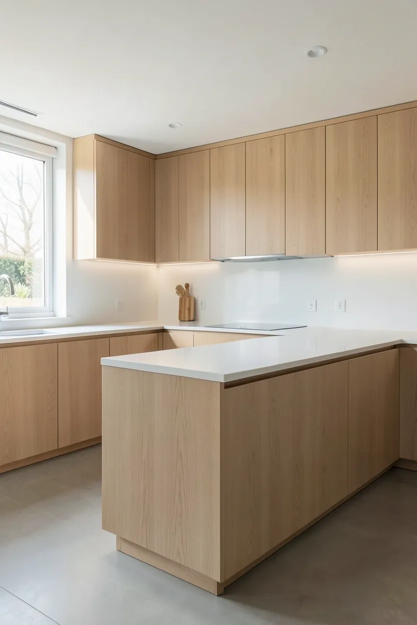 Japandi kitchen with maple butcher block island top paired with white slab lower cabinets