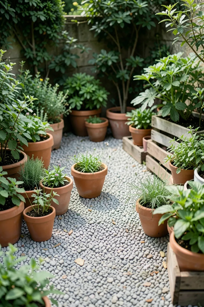 Pea Gravel Patio with Container Garden Paradise