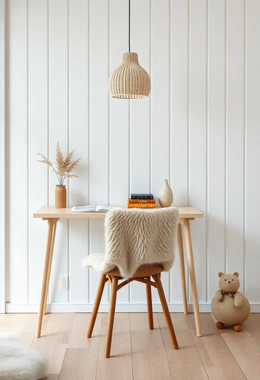 Scandinavian minimalist she shed study with pale birch desk, white tongue-and-groove wall, cream wool pendant lamp, sheepskin chair throw, ceramic vase with dried pampas