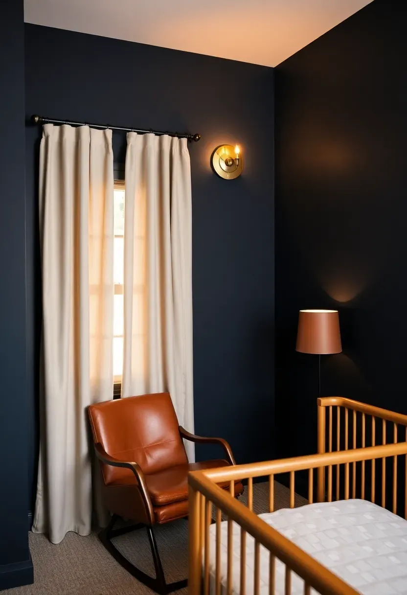 Dark moody nursery corner with navy walls and warm amber lighting accents