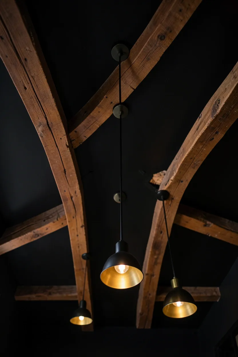 Dramatic Black Ceiling With Exposed Beams
