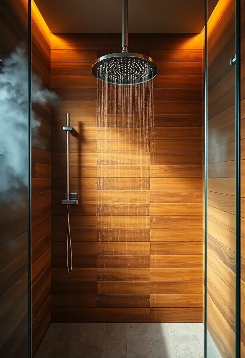 Teak wood shower accent wall with horizontal planks and rain shower head in a spa-inspired bathroom
