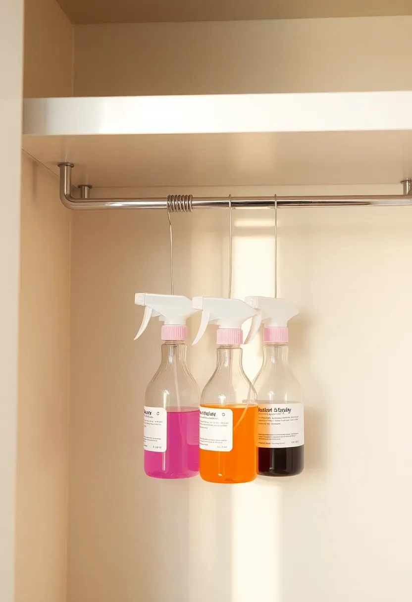 Tension rod installed under a bathroom closet shelf with spray bottles hanging by their triggers
