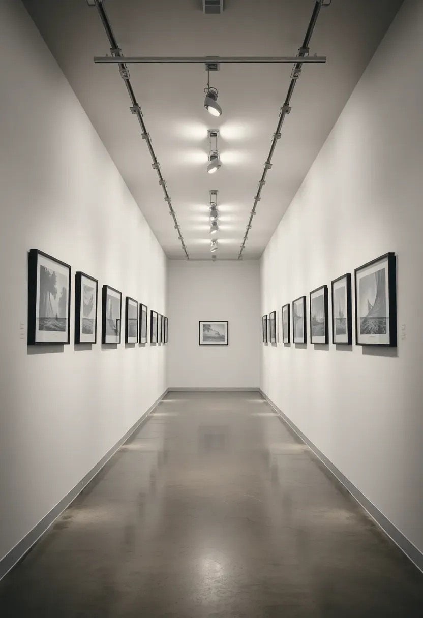 Long hallway entryway designed as an art gallery with white walls, track lighting, framed artwork at even intervals, and a polished concrete floor