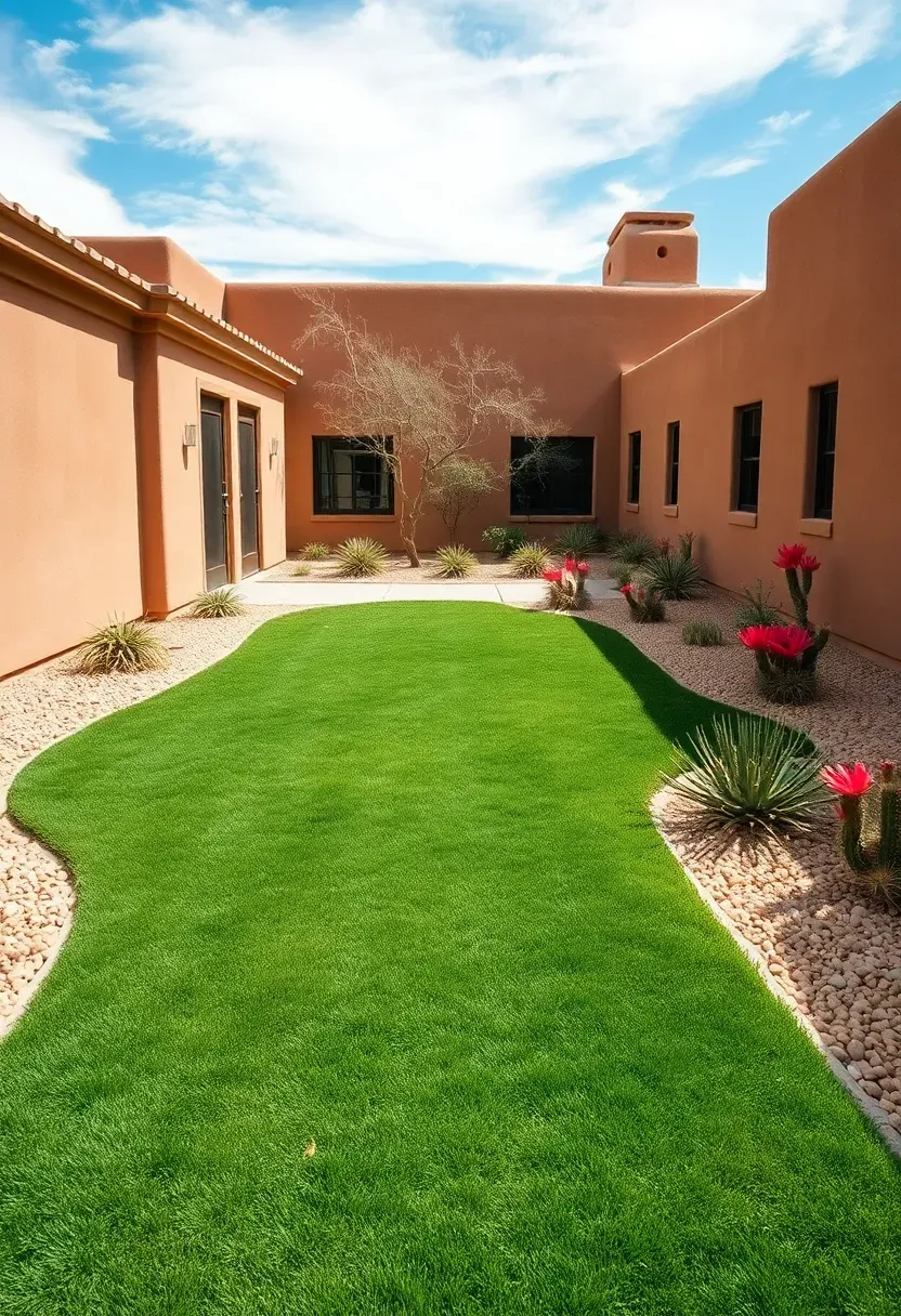 Entire front yard and backyard of a southwestern home covered in synthetic turf with gravel borders and native desert plants