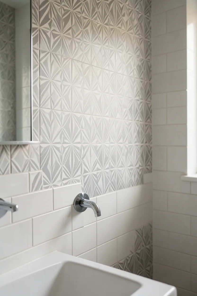 Peel-and-stick botanical wallpaper on accent wall behind vanity in a renter-friendly small apartment bathroom