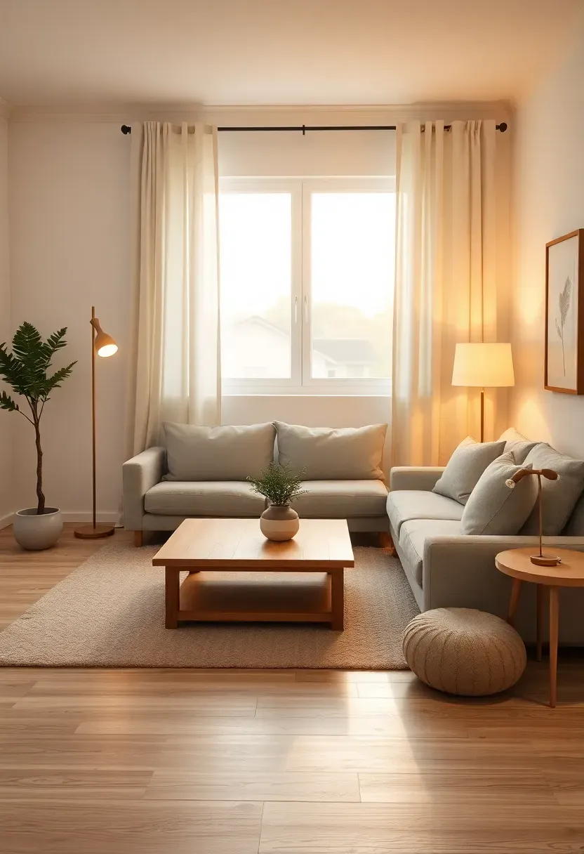 Hyper-realistic wide view of complete Scandinavian minimalist living room showing all principles combined. White walls, light oak flooring, grey linen sofa, oak coffee table, multiple floor and table lamps creating warm lighting, single potted plant, one art piece on wall, wool rug, linen curtains. Materials: white oak, grey linen, wool, brass lamps, ceramic plant pot, green plant. Warm golden hour light entering through large linen curtains, creating cozy glow. Complete hygge minimalist mood with neutral warm palette. Shallow depth of field, sharp details on all materials, balanced composition, visible window with evening light.</p>
