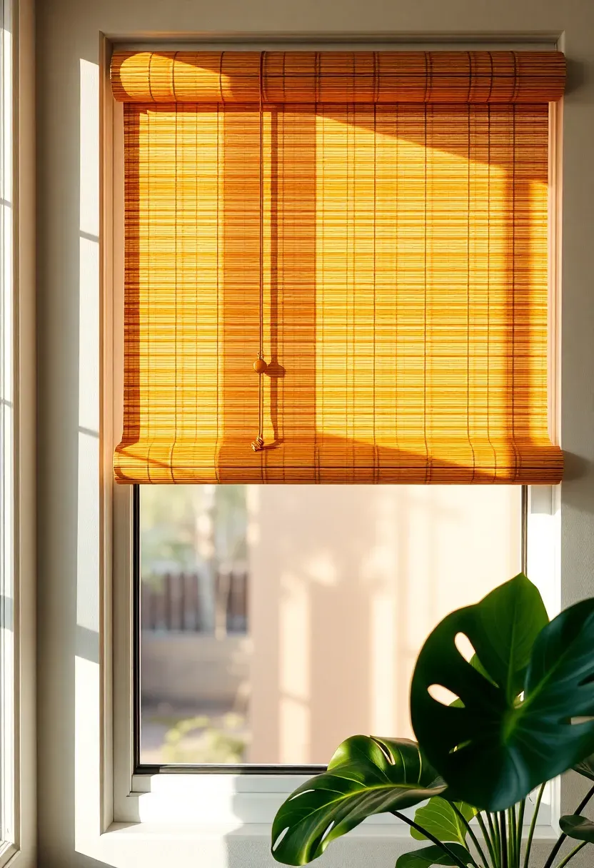 Natural bamboo roller blind half-lowered over a sunroom window with warm light filtering through the woven texture and a potted monstera beside the window frame