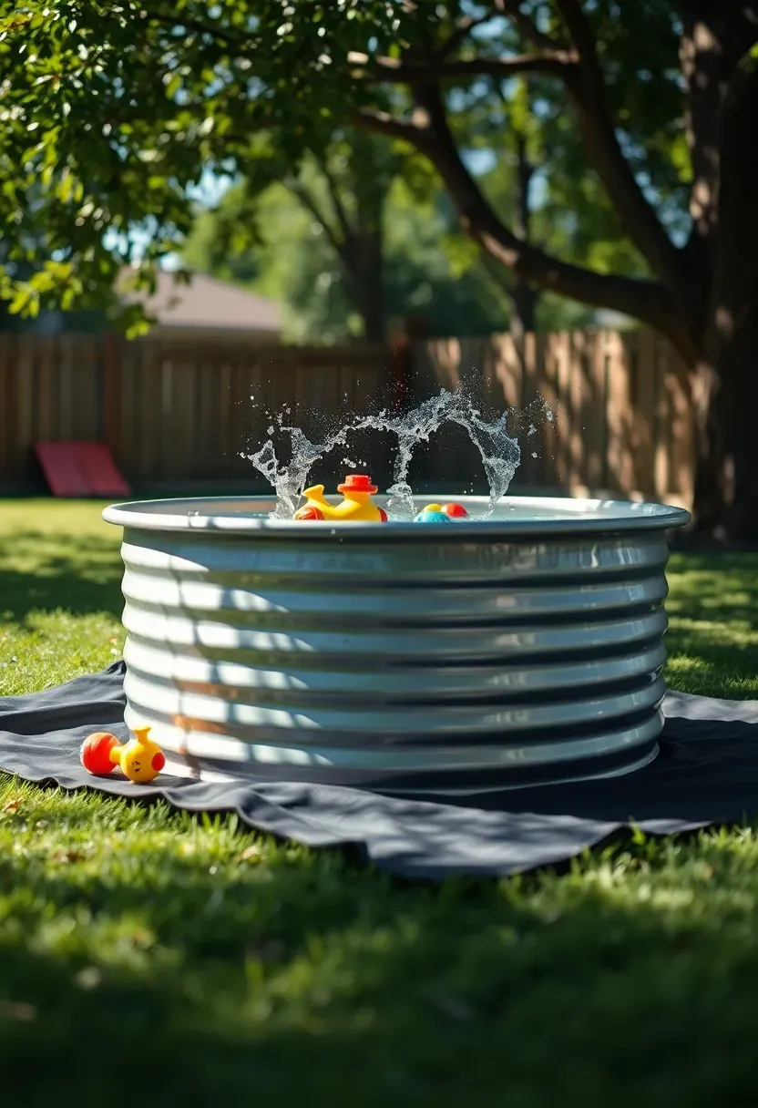 Shallow four-foot stock tank used as a kids splash pool with colorful pool toys, a rubber mat base, and a shaded backyard play area