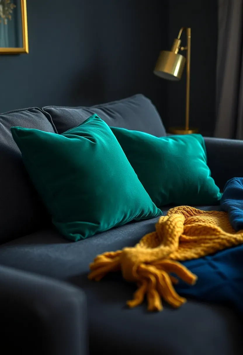 Hyper-realistic 3/4 view of living room with dark grey couch, emerald green velvet throw pillows, navy blue geometric rug, mustard yellow knit throw, brass lamp. Materials: charcoal fabric, emerald velvet, navy wool rug, brass metal. Warm light from brass table lamp creating amber highlights on fabric. Luxurious jewel-tone mood like sophisticated Manhattan apartment. Shallow depth of field, sharp details on pillow textures, visible brass picture frame. No text, no logos, no watermarks.</p>