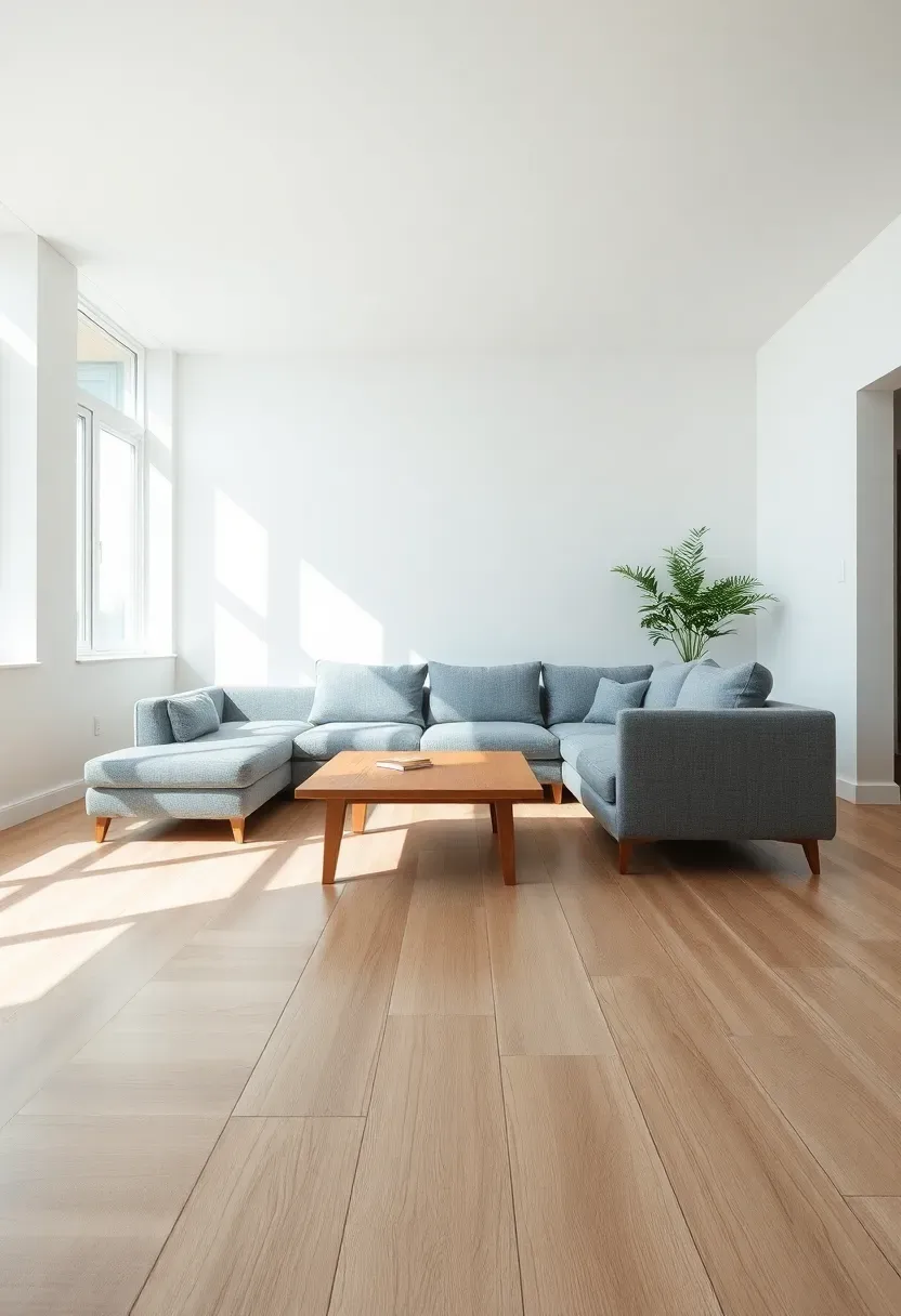 Hyper-realistic eye-level view of minimalist living room featuring low-profile sectional sofa, low coffee table, white walls, light oak floor, large window. Furniture sits close to ground creating expansive vertical space above. Materials: gray fabric sofa, oak wood table, white walls. Natural light, spacious airy mood. Unobstructed sightlines, shallow depth of field, no text, no logos.</p>
