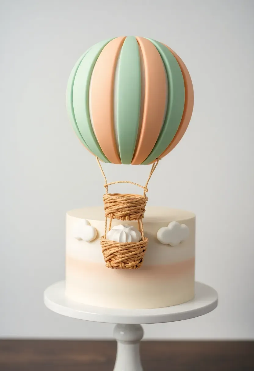 pastel baby shower cake with a 3D hot air balloon fondant topper in mint and peach stripes with a tiny basket and clouds on a tiered stand