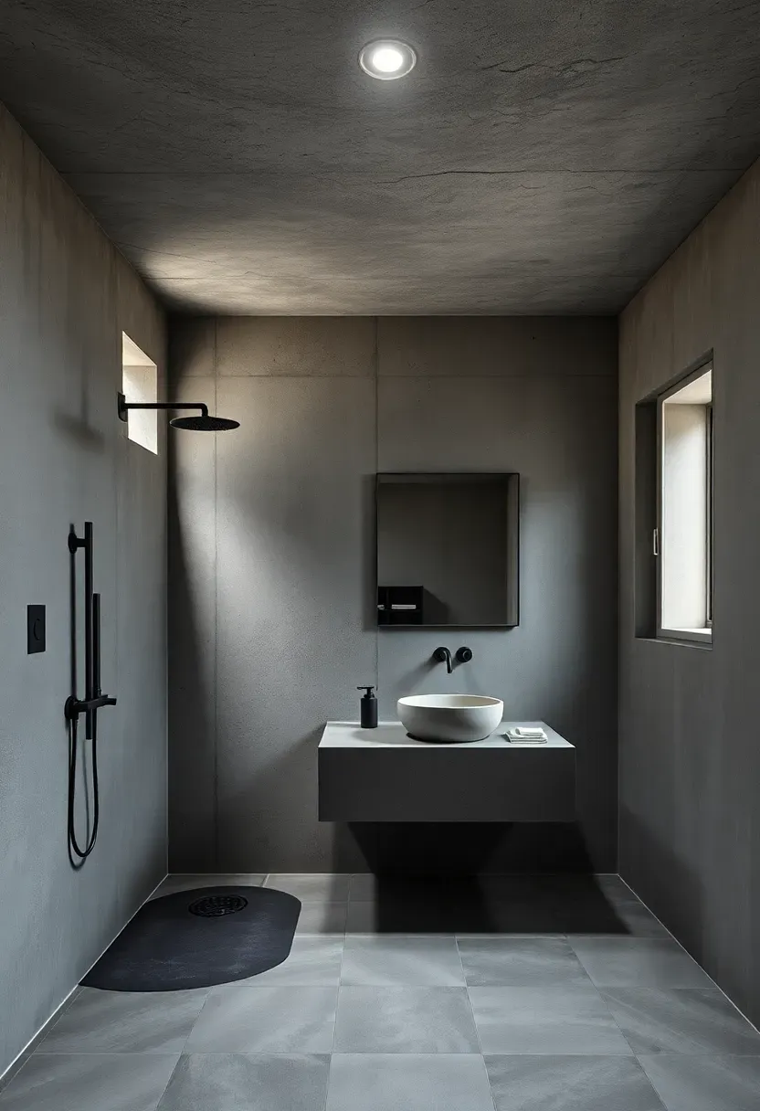 Raw concrete ceiling with visible form marks in a modern industrial bathroom with matte black fixtures