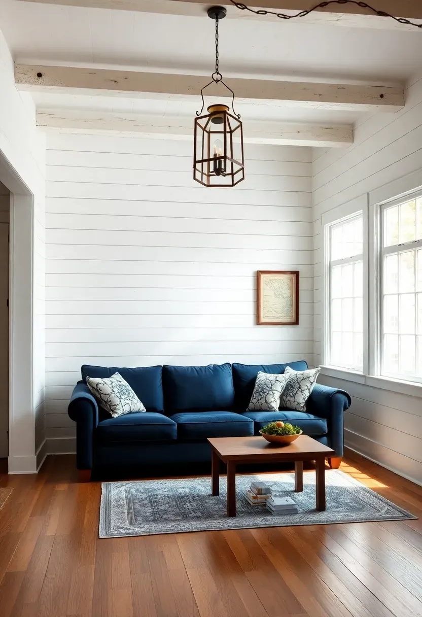 Hyper-realistic straight-on view of a small colonial living room with horizontal white shiplap walls. Materials: painted shiplap with nickel-gap spacing, exposed ceiling beams, wide-plank pine floors, navy blue sofa, brass lantern pendant light. Soft diffused daylight from multi-pane window right, creating shadows that highlight shiplap texture and depth. Shallow depth of field showing sofa fabric texture and throw pillows. Visible room context—colonial-style coffee table, vintage map artwork. Rustic colonial mood like restored coastal cottage.</p>