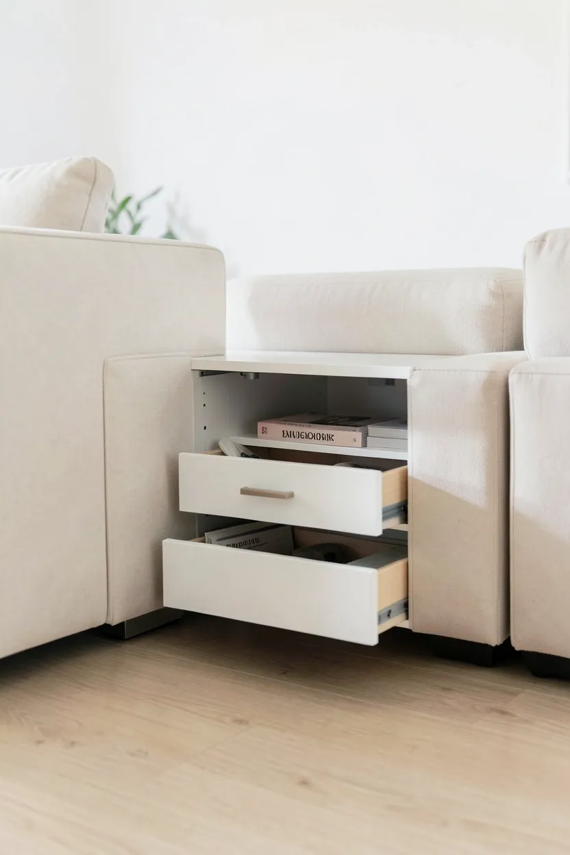Slim drawer unit tucked behind a sofa providing hidden storage in a tiny Scandinavian apartment living room