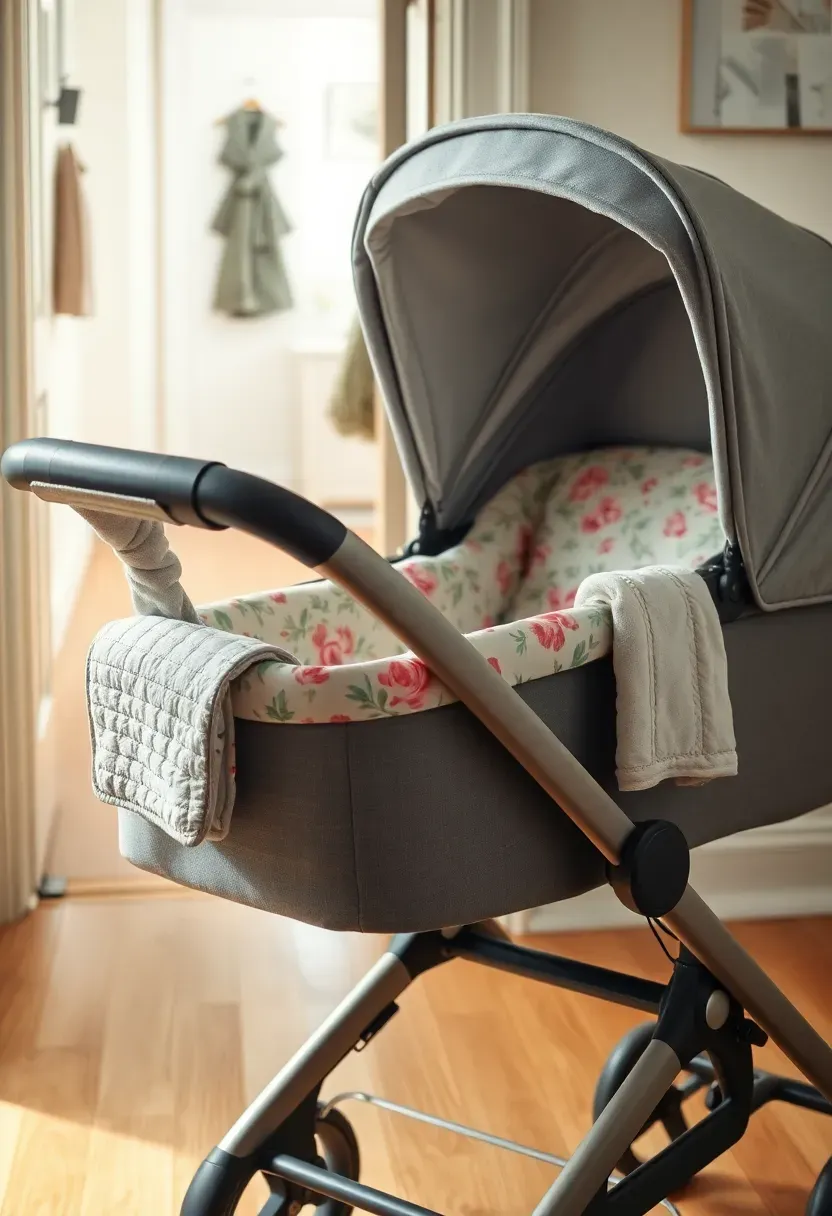 floral print pram liner in a stylish pushchair with pink botanical pattern