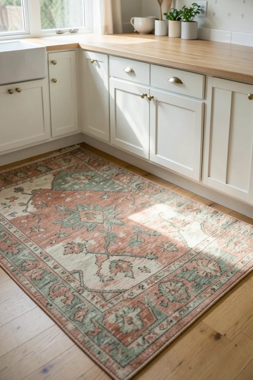 Hyper-realistic eye-level photograph of a boho kitchen island with a vintage rug underneath. The rug features intricate floral and geometric patterns in muted terracotta, sage, and cream tones with faded areas showing its vintage character. The island has light wood countertop and white lower cabinets with brass pulls. The rug extends slightly beyond the island edges. Natural light streaming from window highlighting the rug patterns. Materials: vintage wool rug, light oak, white painted wood, brass. Warm and eclectic boho mood. Sharp focus on the rug pattern and texture. No text, no logos, no watermarks.</p>