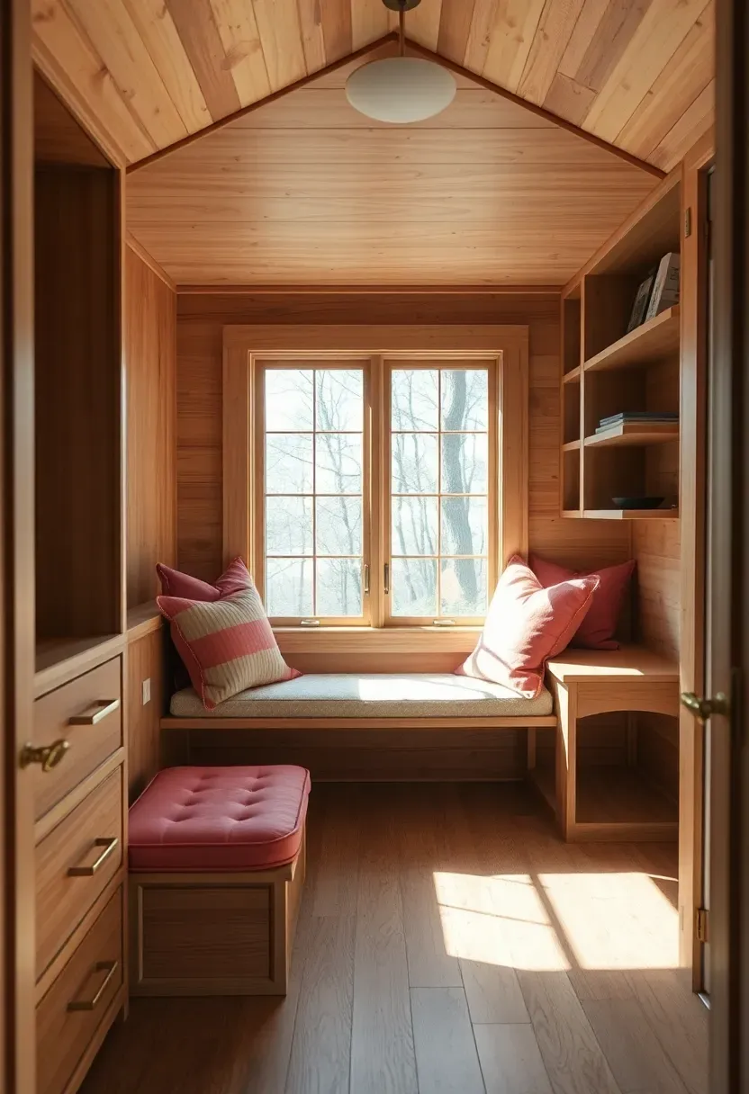 Hyper-realistic 3/4 view of a tiny house interior showing unique built-in features including a window seat with storage, a custom desk nook, and hidden compartments. Materials: maple built-ins, brass hardware, coral accent cushions. Bright daylight streaming through windows highlighting craftsmanship. Personalized sanctuary mood with visible custom carpentry and thoughtful details. Shallow depth of field, sharp built-in details, bespoke interior composition. No text, no logos, no watermarks.</p>