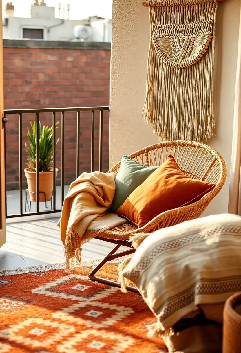 Bohemian-styled apartment patio with layered textiles, macrame wall hanging, and warm-toned kilim rug
