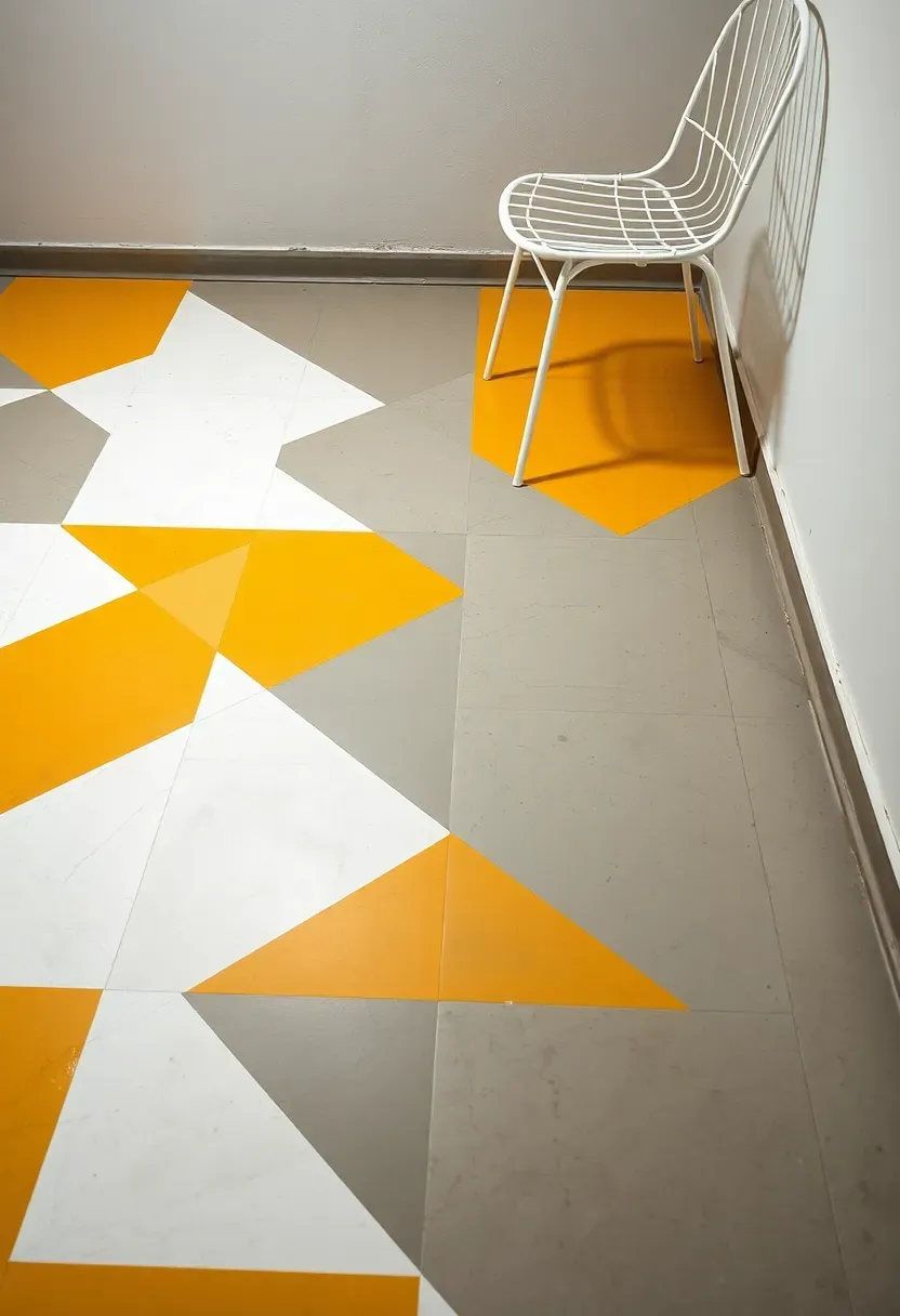 Geometric triangle pattern painted on a basement floor in white gray and mustard yellow creating a modern angular mosaic
