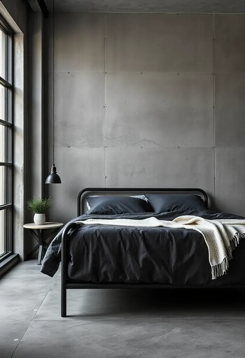 industrial chic bedroom with a gray microcement concrete effect accent wall behind a black metal bed frame with charcoal linen bedding and pendant lights