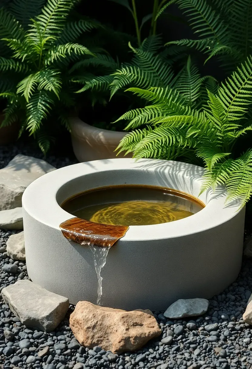 Custom poured concrete water feature basin with water gently overflowing the edges into a hidden reservoir surrounded by smooth river rocks and ferns
