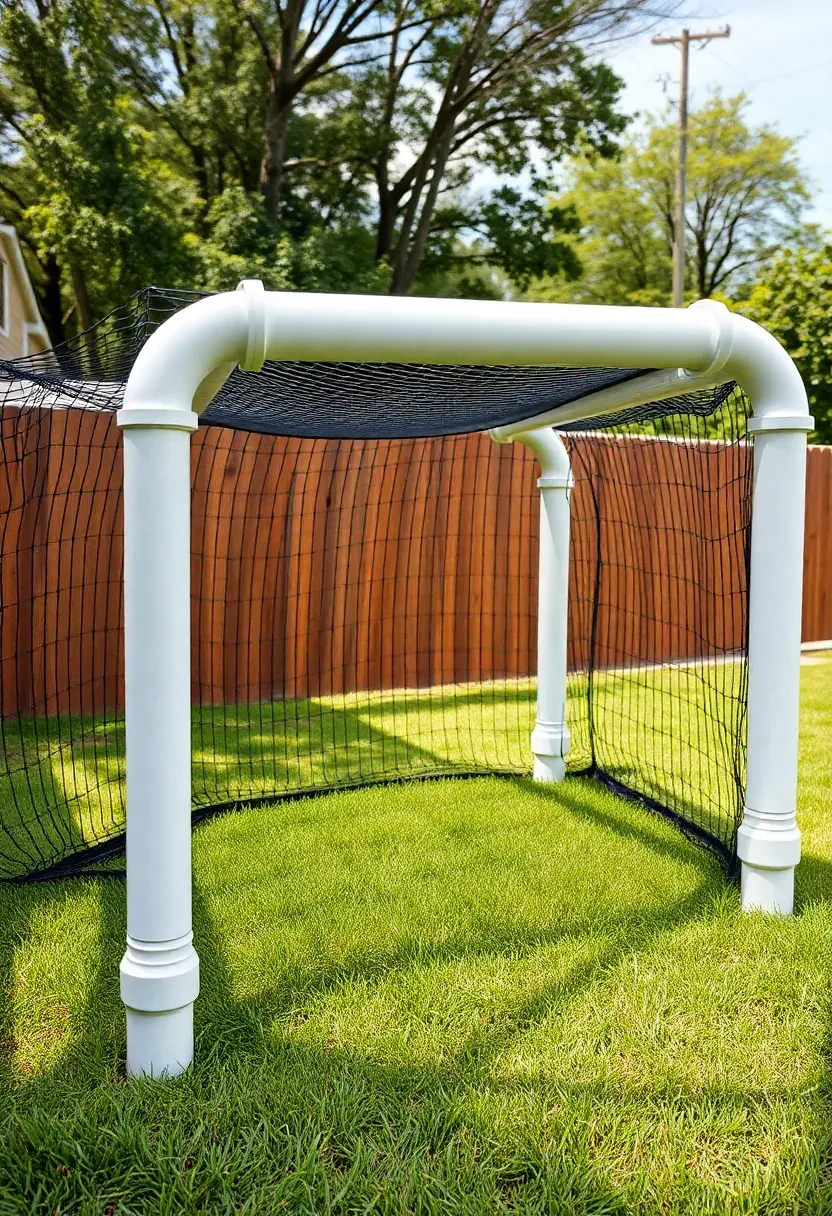 DIY PVC frame batting cage net in backyard