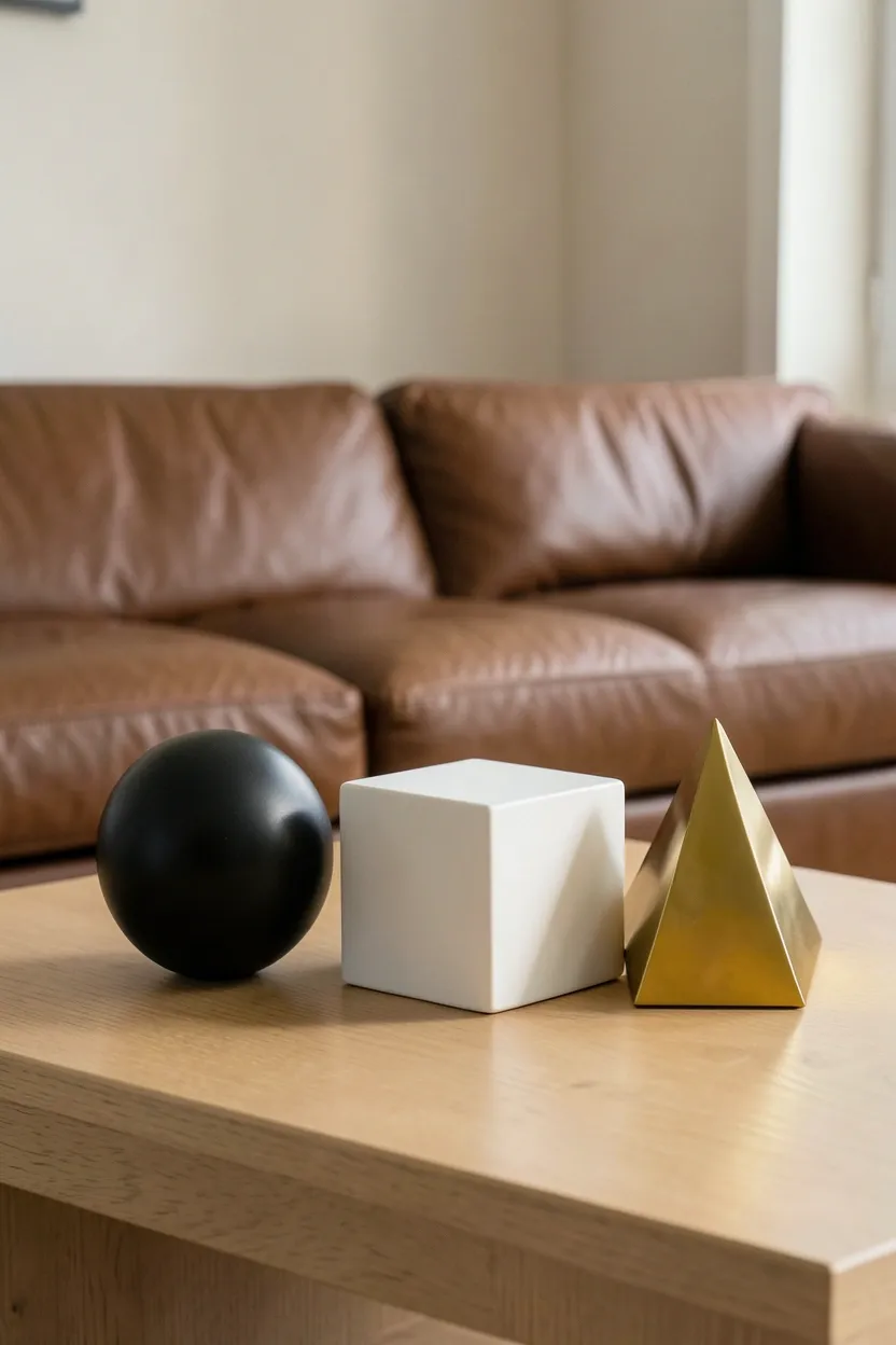 Three geometric wood and marble decor objects arranged on a coffee table in front of a brown couch in a minimalist apartment