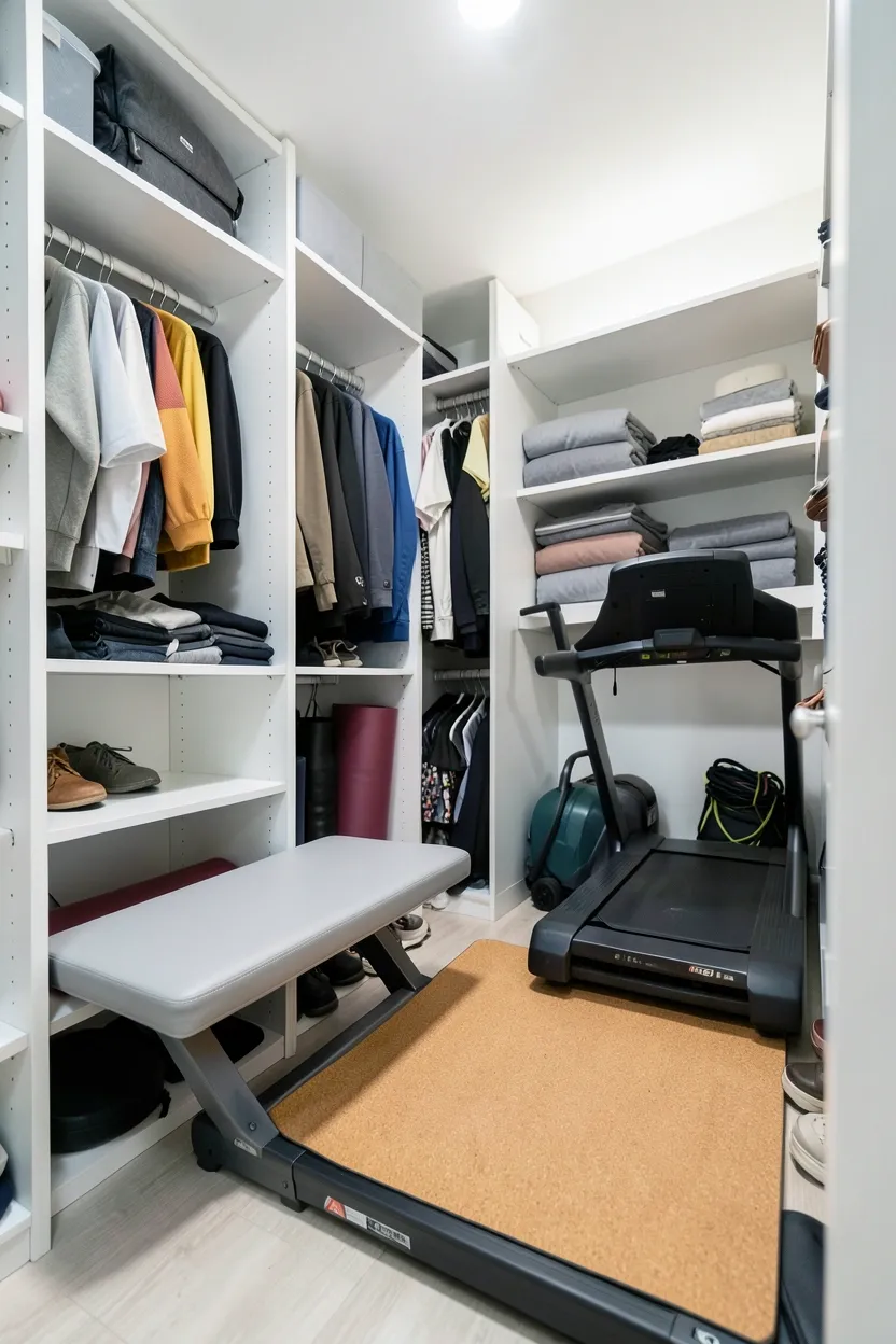 Walk-in closet converted to hidden home gym with fold-down bench, compact dumbbells, mirror, and bright LED lighting